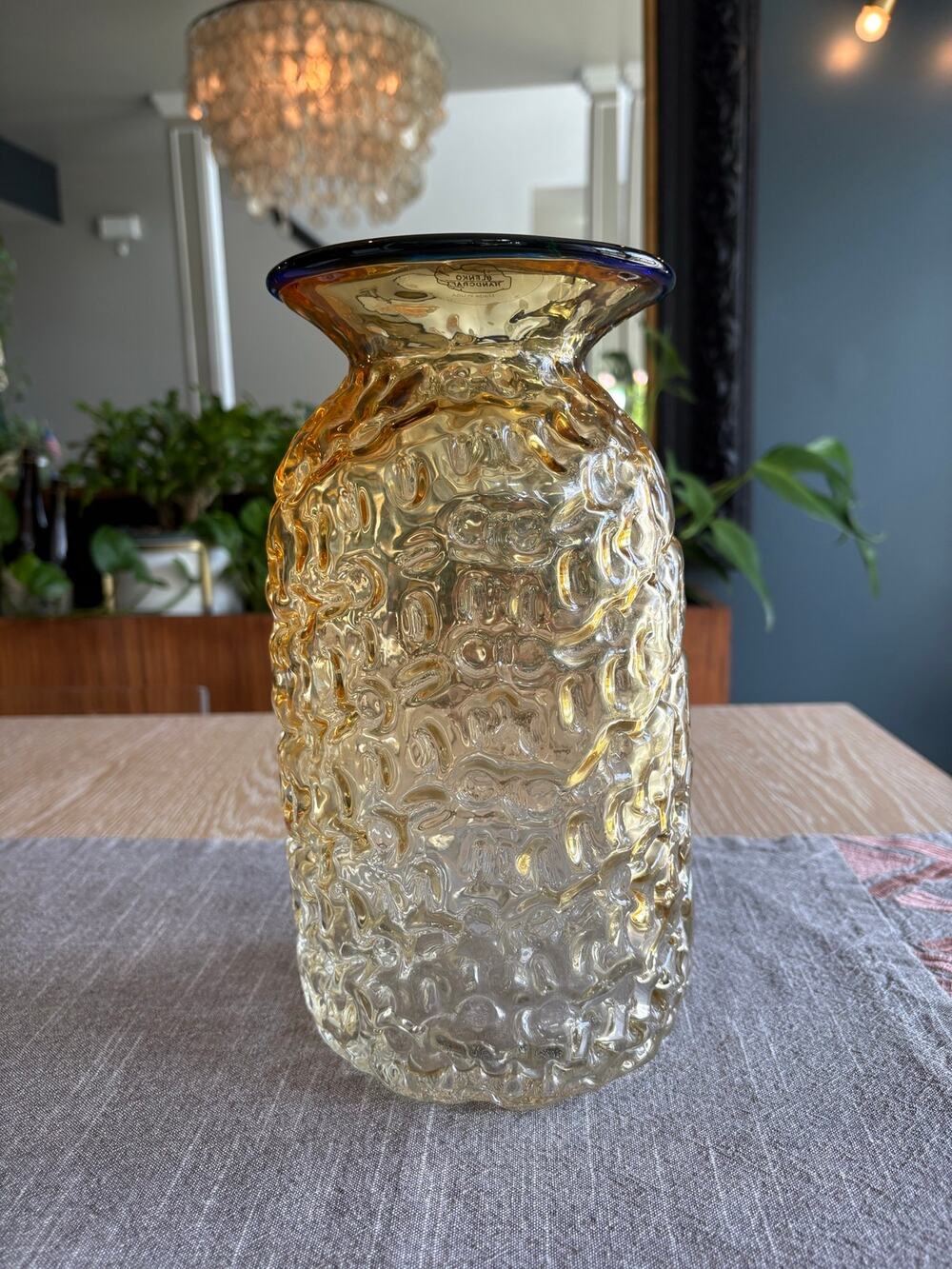 2007 Blenko Hand-Blown Glass Beaker Vase Amber & Cobalt Signed
